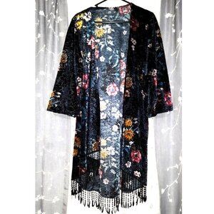 Velvet Floral Print Black Fringe Kimono Open Cardigan Sweater Duster Size 1X